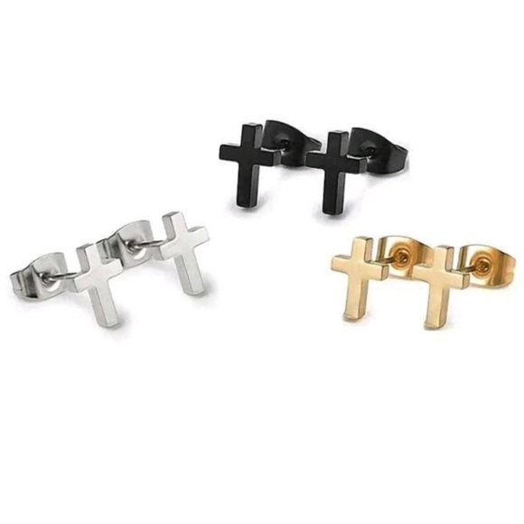 💝Boutique ✝️Trio of Cross Stud Earrings🖤🩶💛 - Picture 2 of 3